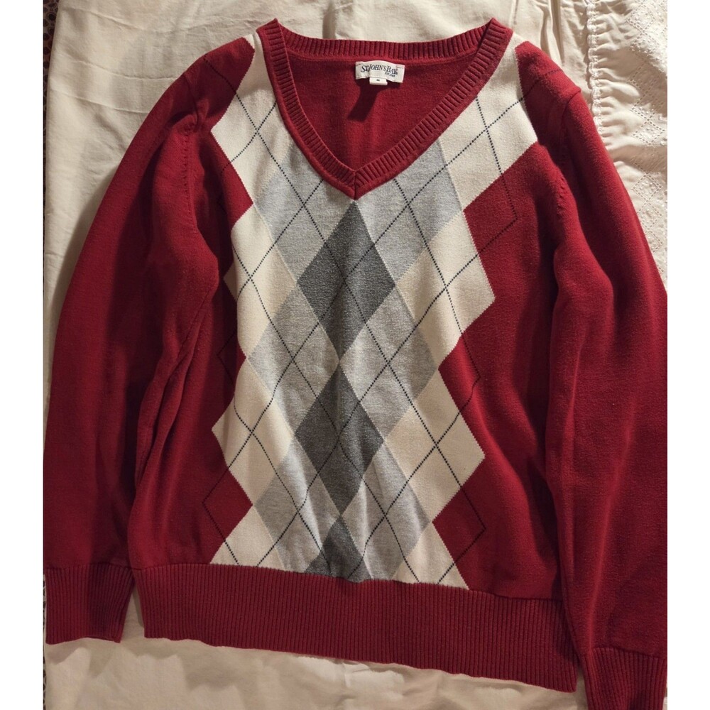 Vtg 90's St. John Bay Woman’s Sweater Sz Med Argyle Long Sleeve Cotton Red Gray